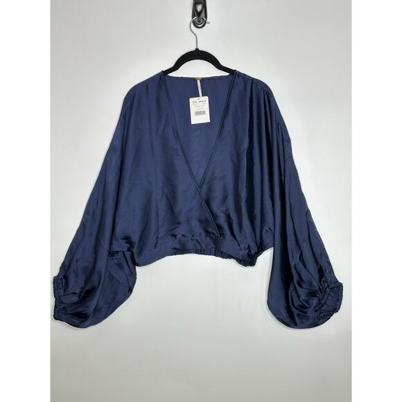 NWT Free People Womens Midnight Vibes Blouse XS Satiny Cropped‎ Boho Indigo Blue - Picture 8 of 16
